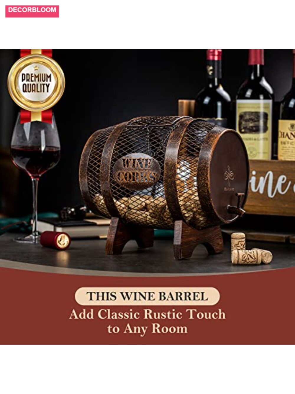 Rustic Metal Wine Cork Holder Barrel Display On Wooden Stand Kitchen Bar Decor - Picture 4 of 6